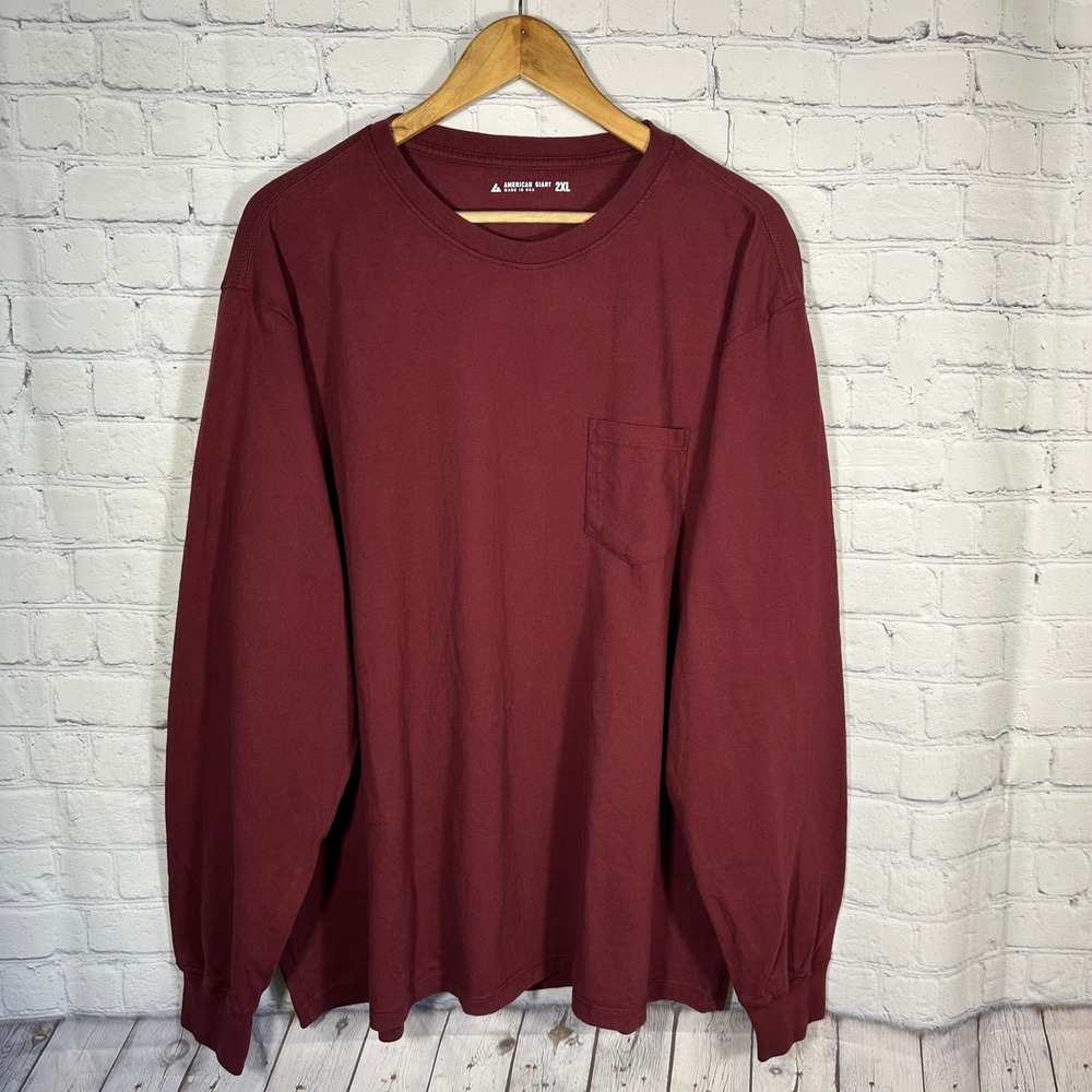American Giant Mens 2XL Long Sleeve Pocket T-Shirt Maroon Burgundy Cotton USA